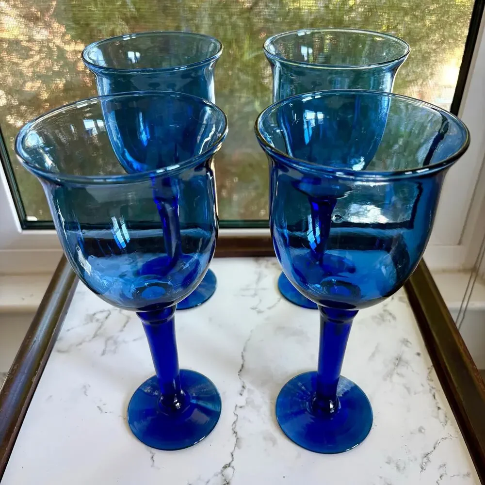 Vintage Mexican Blue Glass Goblets Set of 4 Tall Stemware